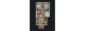 A top-down view of a house layout with a central living area, two bedrooms, a kitchen, and a bathroom.