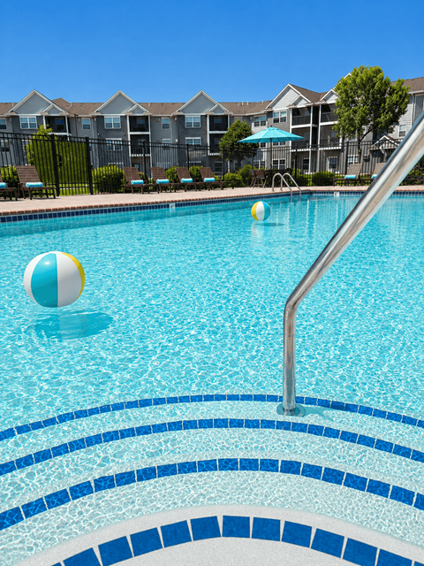 A blue and white ball is floating in a pool.