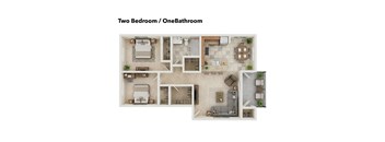 A diagram of a two bedroom apartment with one bathroom.