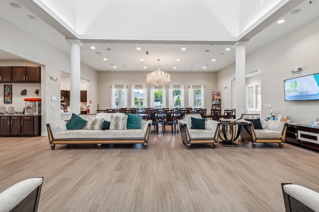 a living room with couches and chairs and a dining room table and a television