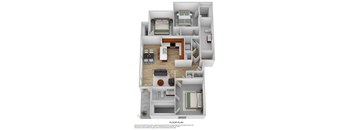 A floor plan of a house with a kitchen, living room, dining room, and bathrooms.