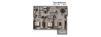 A 2 bedroom apartment floor plan with a living room, dining room, kitchen, bathroom, and two bedrooms.