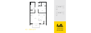 A2 Floor Plan at Hello Apartments, Minneapolis, Minnesota