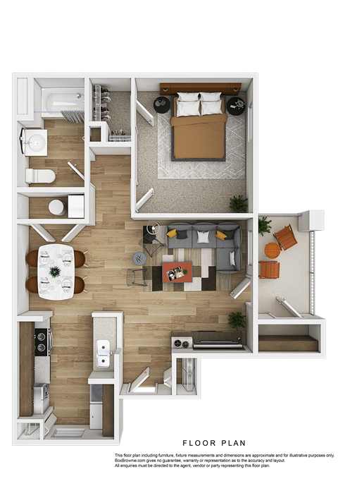 a rendering of the floor plan of a 1 bedroom apartment