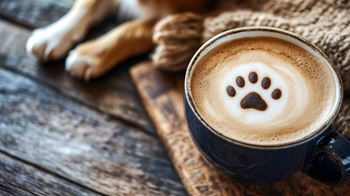 A cup of coffee with a paw print design on top sits on a wooden surface.