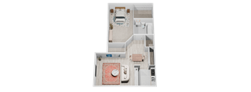 A top-down view of a small, neatly organized apartment with a bedroom, living room, and bathroom.