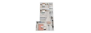 A top-down view of a small, neatly organized apartment with a bedroom, living room, and kitchen.