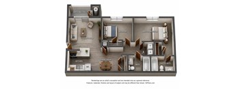 A 3D floor plan of a house with a living room, dining room, kitchen, and multiple bathrooms.