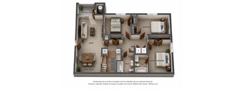 A 3D floor plan of a house with a dining room, kitchen, two bathrooms, and four bedrooms.