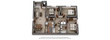 A 3D floor plan of a house with a dining room, kitchen, two bedrooms, a bathroom, and a patio.