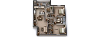 A 3D rendered image of a house layout with labeled rooms.