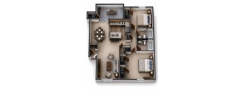 A top-down view of a house layout with a living room, dining room, kitchen, and bedrooms.