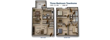 A diagram of a three bedroom townhome with two half bathrooms.
