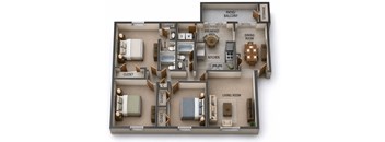 A 3D rendered image of a house layout with labeled rooms.