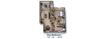 A floor plan of a one bedroom apartment with a living room, kitchen, and bathroom.