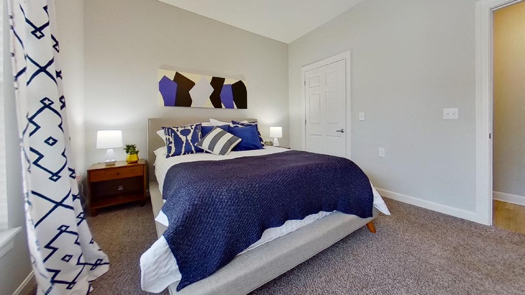 a bedroom with a bed and a closet