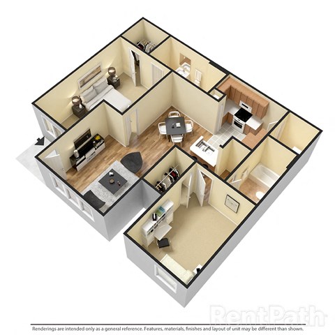 this is a 3d floor plan of a 2 bedroom apartment