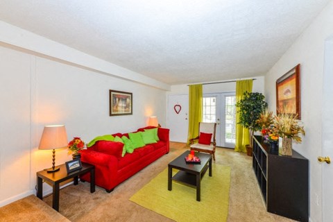 a living room with a red couch and a yellow rug