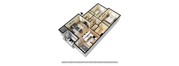 A 3D rendered image of a house layout.