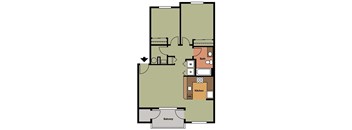 A floor plan of a house with a kitchen, bath, and balcony.