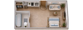 A top-down view of a small, neatly organized living space with a bed, couch, and bathroom.