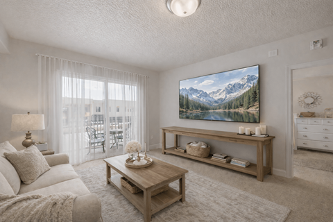 A living room with a large painting of a mountain scene on the wall.