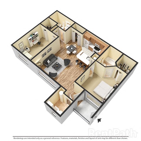 3d floor plan of a home with a bedroom and living room