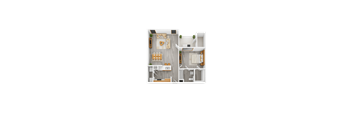 A top-down view of a house layout with a kitchen, living room, dining area, and bedrooms.