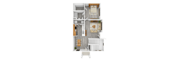 A top-down view of a small apartment with a kitchen, living room, and bathroom.