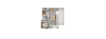 A top-down view of a small apartment with a kitchen, living room, and bedroom.