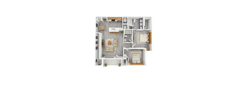 A top-down view of a house layout with a living room, kitchen, dining area, and bedrooms.