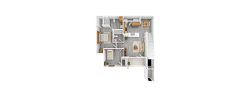 A top-down view of a house layout with a living room, kitchen, and two bedrooms.
