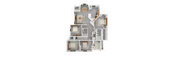 A 3D floor plan of a house with multiple bedrooms and bathrooms.
