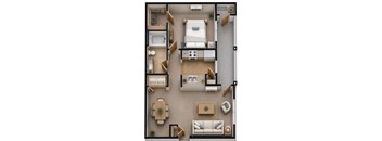 A top-down view of a small apartment with a bedroom, living room, and bathroom.