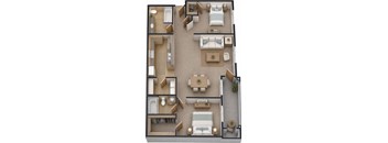 A top-down view of a house layout with a kitchen, living room, dining room, and bedrooms.
