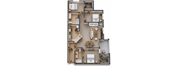 A detailed 3D floor plan of a multi-bedroom apartment.