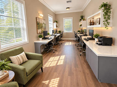 A sunny room with a green chair and a desk with a laptop on it.