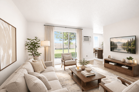 A living room with a large couch, a coffee table, and a painting on the wall.