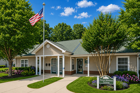 A small building with a flag on top and a sign in front that says "Future Homes".