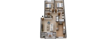 A floor plan of a two bedroom apartment with a living room and a kitchen.