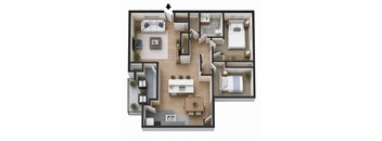A detailed 3D floor plan of a multi-bedroom apartment.