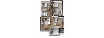 A 3D floor plan of a house with multiple rooms.
