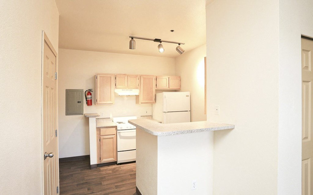 an empty kitchen with a counter top and a refrigerator