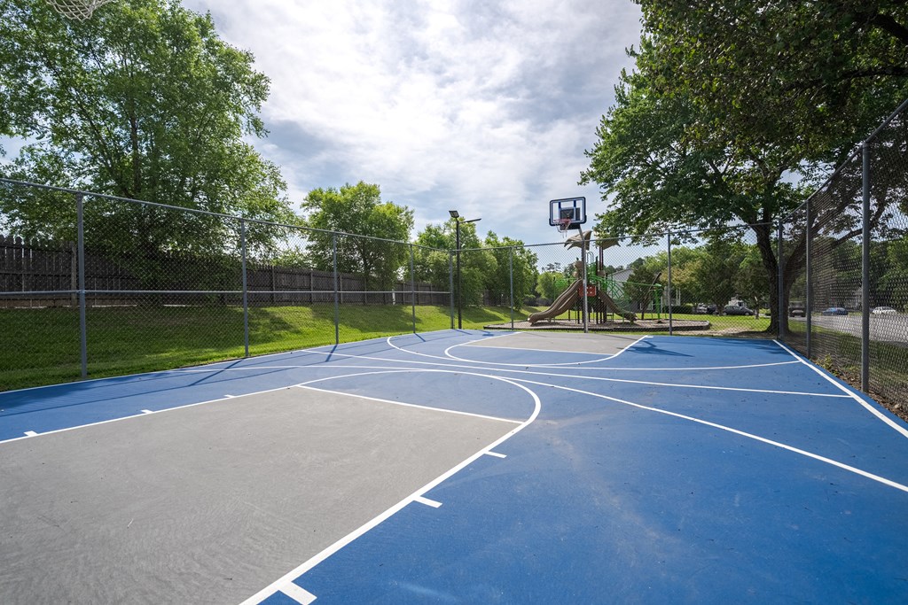 a basketball court in a park with trees