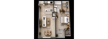 A floor plan of a small apartment with a living room, kitchen, bathroom, and balcony.