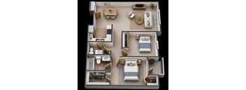 A 3D floor plan of a small apartment with two bedrooms, a living room, a kitchen, and a bathroom.