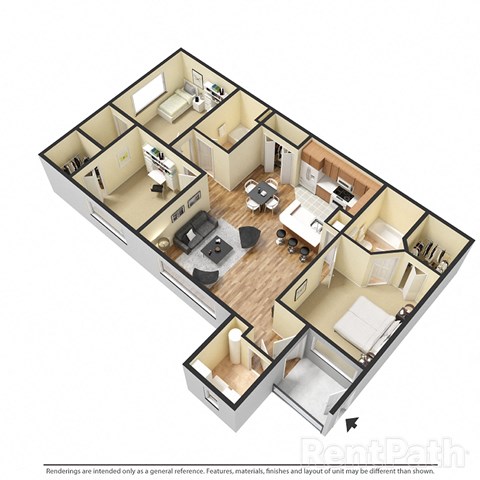 3d floor plan of a home with a bedroom and a living room
