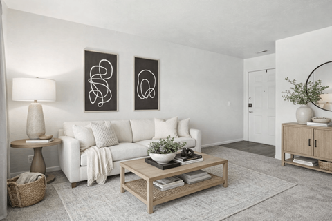 A living room with a white couch, a coffee table, and two abstract art pieces on the wall.