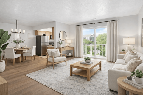 A well-lit, modern living room with a dining area and a kitchen in the background.