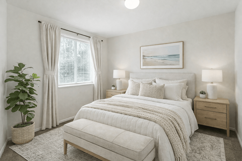 A bedroom with a large bed, a potted plant, and a framed picture on the wall. at Diamond Fork Apartments, Utah